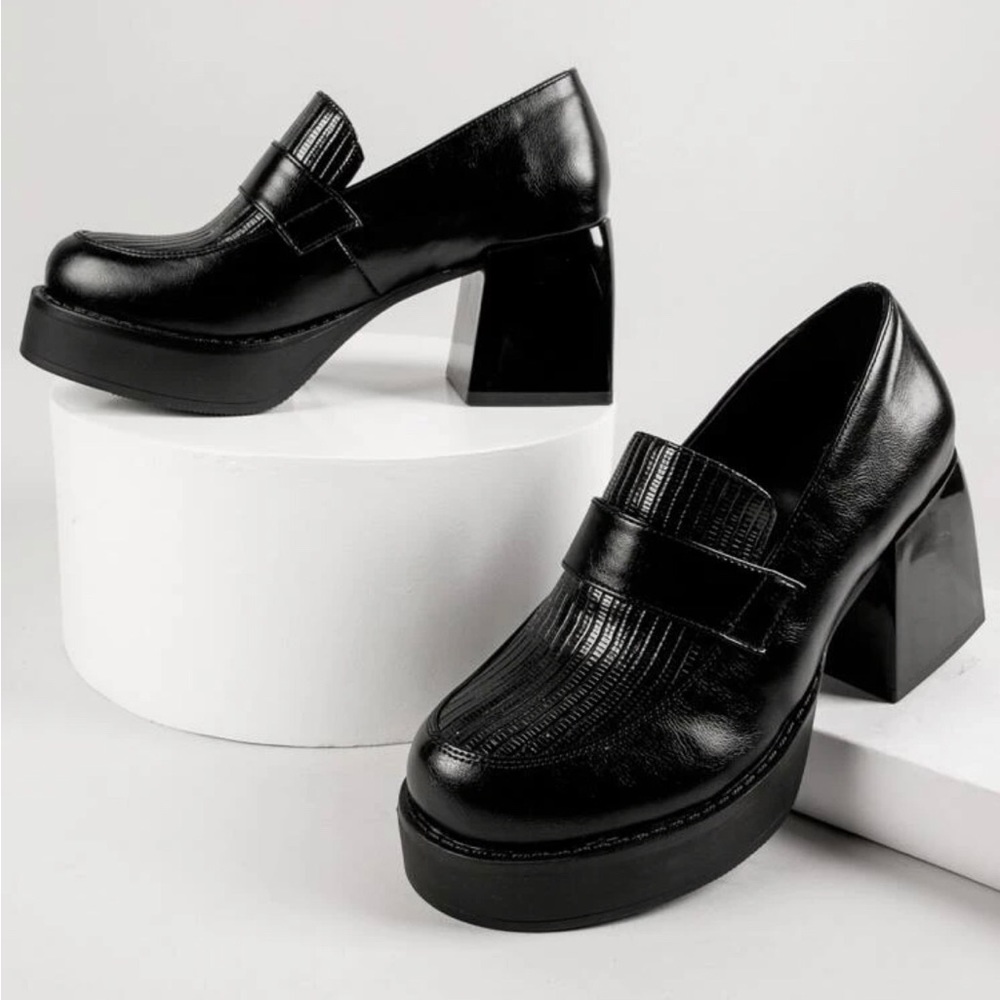 Faux leather chunky high heel loafers